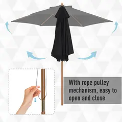 Outsunny Wooden Garden Umbrella Sun Shade with Top Vents, Bamboo Ribs and Sturdy Wood Pole, Black - 6