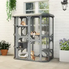 PawHut Catio Outdoor Cat Enclosure,  Wooden Cat House with Platforms, Condo and Waterproof Cover for 2–3 Kittens, Grey - 2