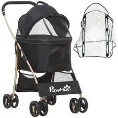 PawHut Detachable Pet Stroller with Rain Cover, 3 In 1 Cat Dog Pushchair, Foldable Carrying Bag w/ Universal Wheels, Brake, Canopy, Basket, Storage Bag for Small and Tiny Dogs - Black - 1