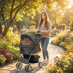 PawHut Dog Pram, Pet Stroller with Reflective Strips, Foldable Cat Stroller with 360° Swivel Wheels, Dark Grey - 2