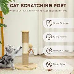 PawHut Cat Scratching Post for Indoor Cats, 47cm Tall Cat Scratcher with Jute Sisal Rope, Hanging Toy Ball, Feather, Brown - 5