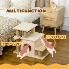 PawHut Adjustable Cat Steps, with House & Hanging Toy Ball - Beige - 5