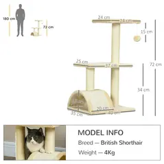 PawHut 72cm Cat Tree with Scratching Post, Pad for Indoor Cats - Cream White - 3