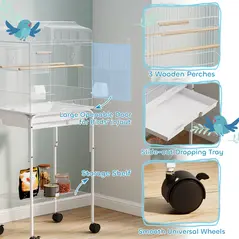 PawHut Bird Cage Budgie Cages for Finch Canary Parakeet with Stand Wheels Slide-out Tray Accessories Storage Shelf, White - 5