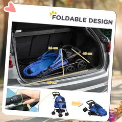 PawHut Dog Pram Dog Stroller Foldable Pet Pushchair with 4 Wheels, Safety Leashes, Cup Holder for Small Dogs, Blue - 5