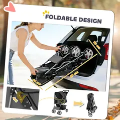 PawHut Dog Pram, Pet Stroller with Reflective Strips, Foldable Cat Stroller with 360° Swivel Wheels, Dark Grey - 5
