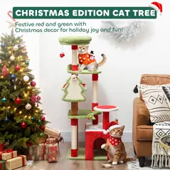 PawHut Cat Tree, 120cm Christmas Cat Tower with 3 Scratching Posts, Scratching Board, 2 Perches, Platforms, Toys, Green - 4