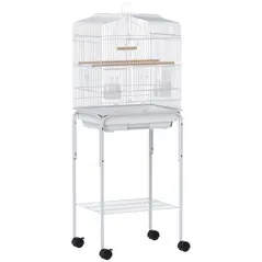 PawHut Bird Cage Budgie Cages for Finch Canary Parakeet with Stand Wheels Slide-out Tray Accessories Storage Shelf, White - 1