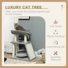 PawHut Cat Tree Tower, with Scratching Posts, Pad, Bed, Perch, Toy Ball - Light Grey - 4