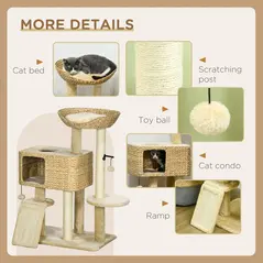PawHut 95cm Cat Tree Tower for Indoor Cats, with Scratching Post, Cat House, Toy Ball, Platform - Beige - 5