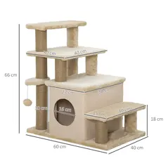 PawHut Adjustable Cat Steps, with House & Hanging Toy Ball - Beige - 3