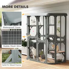 PawHut Catio Outdoor Cat Enclosure,  Wooden Cat House with Platforms, Condo and Waterproof Cover for 2–3 Kittens, Grey - 7