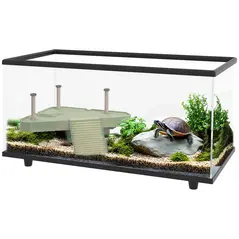 PawHut 50L Glass Turtle Tank Aquarium with Basking Platform, Easy Drainage, Strip Patch Thermometer - 1
