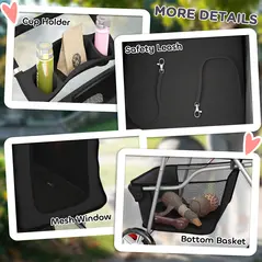 PawHut Dog Pram, Pet Stroller with Reflective Strips, Foldable Cat Stroller with 360° Swivel Wheels, Black - 8