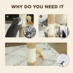 PawHut Cat Scratching Post for Indoor Cats, 47cm Tall Cat Scratcher with Jute Sisal Rope, Hanging Toy Ball, Feather, Brown - 6