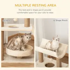 PawHut Cat Tree Tower, with Scratching Posts, Pad, Bed, Perch, Toy Ball - Light Brown - 5