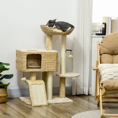 PawHut 95cm Cat Tree Tower for Indoor Cats, with Scratching Post, Cat House, Toy Ball, Platform - Beige - 2