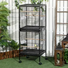 PawHut Bird Cage Budgie Cage 2 In 1 Large Aviary with Wheels Removable Trays for Finch Canaries Cockatiels Black - 2