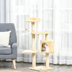PawHut Cat Tree for Indoor Cats Pet Activity Centre Kitty Condo Climbing Scratching Post with Toys 4-tier 114cm Tall Beige - 2