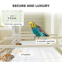 PawHut Bird Cage with Divider, 4 Wooden Perches, Slide Out Tray, 4 Feeders, for Budgie, Lovebird, Canary, 76 x 46 x 116cm White - 5