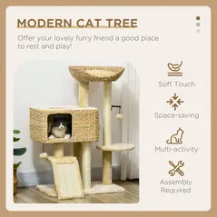 PawHut 95cm Cat Tree Tower for Indoor Cats, with Scratching Post, Cat House, Toy Ball, Platform - Beige - 4