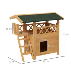 PawHut Cat House Outdoor w/ Balcony Stairs Roof, 77 x 50 x 73 cm, Natural Wood Finish - 3