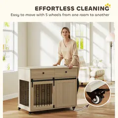 PawHut Dog Crate Furniture on Wheels, Dog Cage with 2 Drawers, Sliding Door, for Medium Large Dogs, Oak Tone - 6