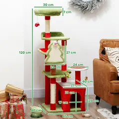 PawHut Cat Tree, 120cm Christmas Cat Tower with 3 Scratching Posts, Scratching Board, 2 Perches, Platforms, Toys, Green - 3