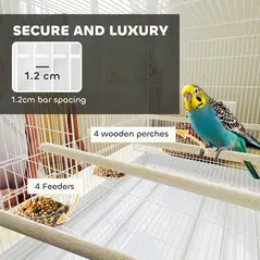 PawHut Bird Cage with Divider, 4 Wooden Perches, Slide Out Tray, 4 Feeders, for Budgie, Lovebird, Canary, 76 x 46 x 46cm, White - 5