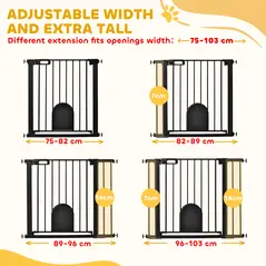 PawHut Dog Gate with Cat Flap Pet Safety Gate Barrier, Stair Pressure Fit, Auto Close, Double Locking, for Doorways, Hallways, 75-103 cm Black - 7