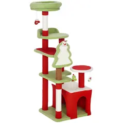 PawHut Cat Tree, 120cm Christmas Cat Tower with 3 Scratching Posts, Scratching Board, 2 Perches, Platforms, Toys, Green - 1