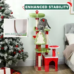 PawHut Cat Tree, 120cm Christmas Cat Tower with 3 Scratching Posts, Scratching Board, 2 Perches, Platforms, Toys, Green - 7
