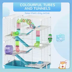 PawHut 6 Tier Hamster Cage, Small Animal Cage with Tubes, Exercise Wheel, Ramps, Hut, Food Dish, Water Bottle, Light Blue - 5
