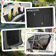 PawHut Dog Pram, Pet Stroller with Reflective Strips, Foldable Cat Stroller with 360° Swivel Wheels, Dark Grey - 8