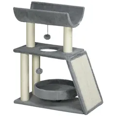 PawHut Cat Tree Tower, with Scratching Posts, Pad, Bed, Perch, Toy Ball - Light Grey - 1