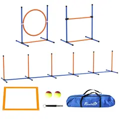 PawHut Dog Agility Training Equipment with Weave Poles, Jump Ring, Pause Box, Adjustable Hurdle, Carry Bag, Orange - 1