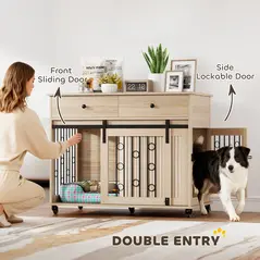 PawHut Dog Crate Furniture on Wheels, Dog Cage with 2 Drawers, Sliding Door, for Medium Large Dogs, Oak Tone - 7