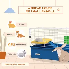 PawHut Chinchillas Small Rabbit Guinea Pig Small Animal Cage, Pet Playhouse, with Platform, Ramp, 71 x 46 x 47cm, Blue - 4