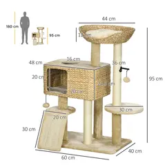 PawHut 95cm Cat Tree Tower for Indoor Cats, with Scratching Post, Cat House, Toy Ball, Platform - Beige - 3