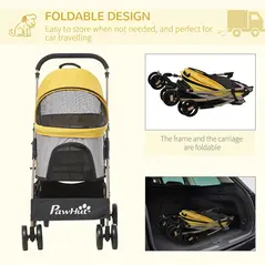PawHut Detachable Pet Stroller with Rain Cover, 3 In 1 Cat Dog Pushchair, Foldable Carrying Bag w/ Universal Wheels, Brake, Canopy, Basket, Storage Bag for Small and Tiny Dogs - Yellow - 5