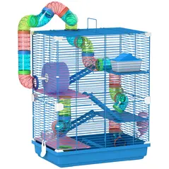 PawHut 5 Tier Hamster Cage Carrier Habitat w/ Exercise Wheels, Tunnel, Blue - 1
