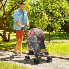 PawHut Detachable Pet Stroller with Rain Cover, 3 In 1 Cat Dog Pushchair, Foldable Carrying Bag w/ Universal Wheels, Brake, Canopy, Basket, Storage Bag for Small and Tiny Dogs - Red - 2