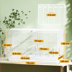 PawHut Bird Cage with Divider, 4 Wooden Perches, Slide Out Tray, 4 Feeders, for Budgie, Lovebird, Canary, 76 x 46 x 46cm, White - 3