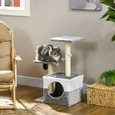 PawHut Cat Tree w/ Sisal Scratching Posts, House, Perches, Toy Mouse, Grey - 2