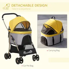 PawHut Detachable Pet Stroller with Rain Cover, 3 In 1 Cat Dog Pushchair, Foldable Carrying Bag w/ Universal Wheels, Brake, Canopy, Basket, Storage Bag for Small and Tiny Dogs - Yellow - 6