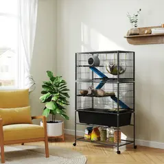 PawHut 5 Levels Rolling Small Animal Cage with Non Slip Ramps, Slide Out 16cm Deep Tray, 88 x 48 x 150.5cm, Dark Grey - 2