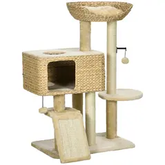 PawHut 95cm Cat Tree Tower for Indoor Cats, with Scratching Post, Cat House, Toy Ball, Platform - Beige - 1
