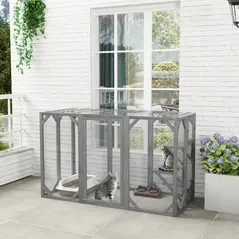 PawHut 71" Outdoor Wooden Cat House with Three Platforms, Large Door, Water-Resistant Roof, for Multiple Cats, Grey - 2