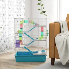 PawHut 6 Tier Hamster Cage, Small Animal Cage with Tubes, Exercise Wheel, Ramps, Hut, Food Dish, Water Bottle, Light Blue - 8