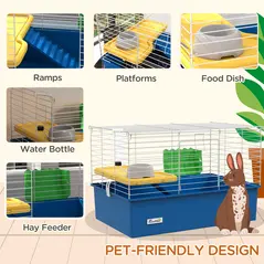 PawHut Chinchillas Small Rabbit Guinea Pig Small Animal Cage, Pet Playhouse, with Platform, Ramp, 71 x 46 x 47cm, Blue - 5
